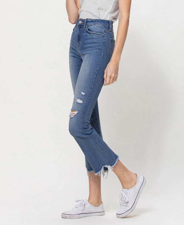 High Rise Distressed Crop Flare Jeans