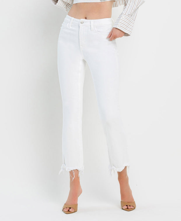White High Rise Uneven Raw Hem Crop Flare Jeans
