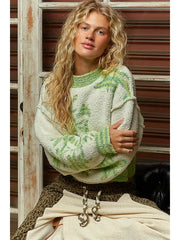 POL Balloon Sleeve Floral Cropped Sweater Top TGS