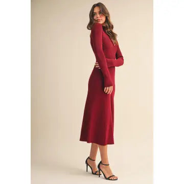 Mock Neck Rib Knit Flared long i Dress