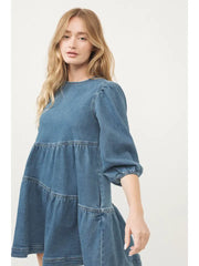 DENIM TIER DRESS WITH 3/4 SLEEVE