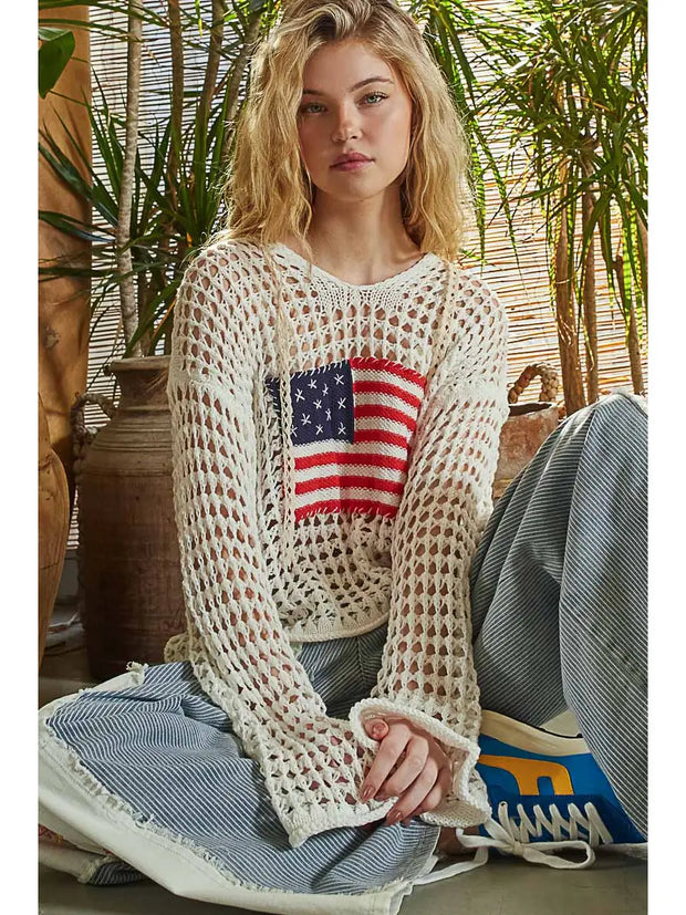 POL American Flag Hoodie Thin Sweater Top