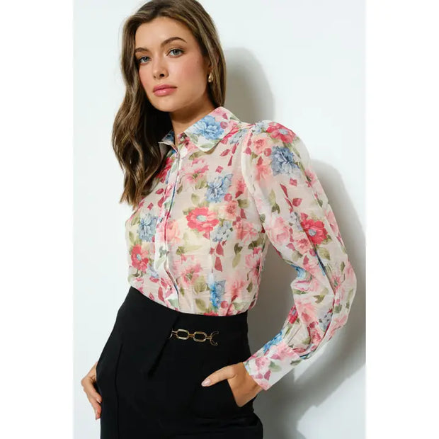 NB Long Puff Sleeve Floral Print Blouse Top