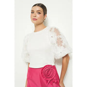 NB Floral Applique Short Puff Sleeves Knit Top