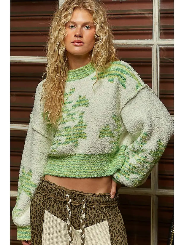 POL Balloon Sleeve Floral Cropped Sweater Top TGS