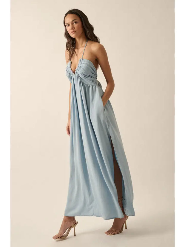 denim halter dress maxi Sunday Spritz- Tencel Denim Halter Maxi Dress