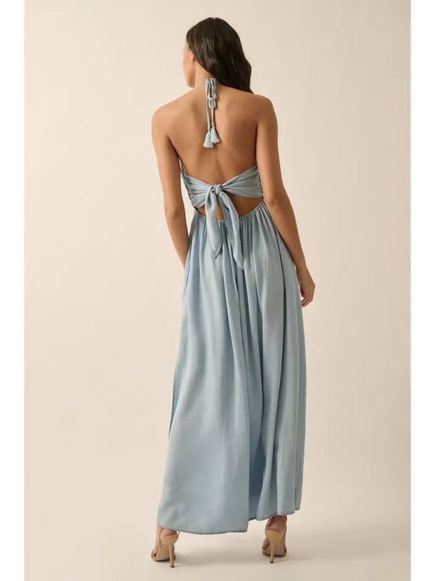 Halter Neck Denim Maxi Dress NB Small Halter Neck Denim Maxi Dress NB Small