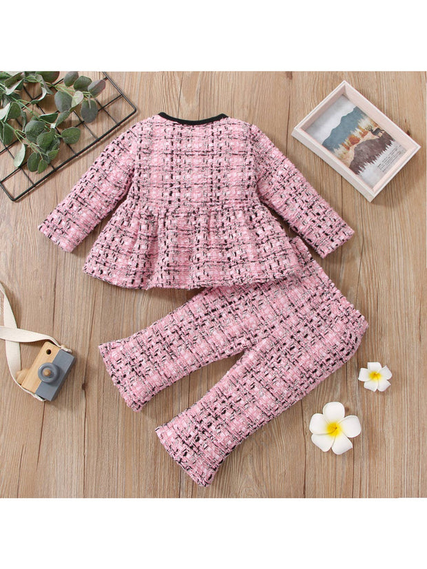 2pcs Baby Tweed Plaid Long Sleeve Top and Trousers Set