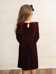 Kids Burgundy Wine Velvet Bow Ruffle party Dress
