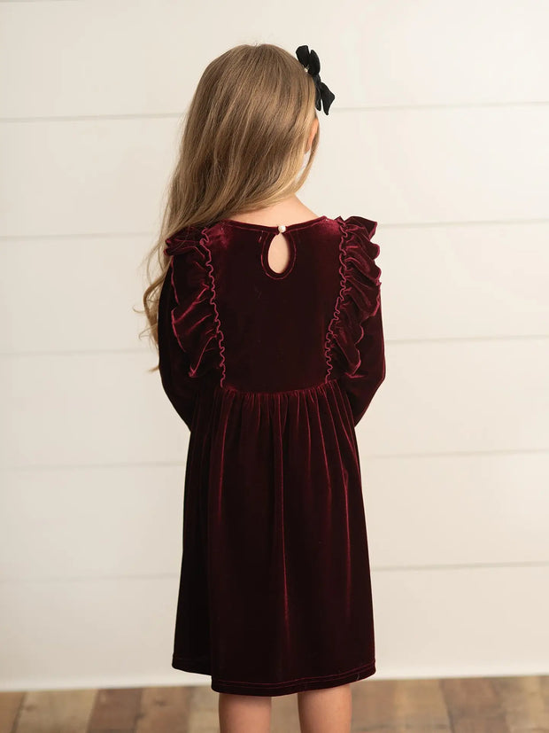 Kids Burgundy Wine Velvet Bow Ruffle party Dress