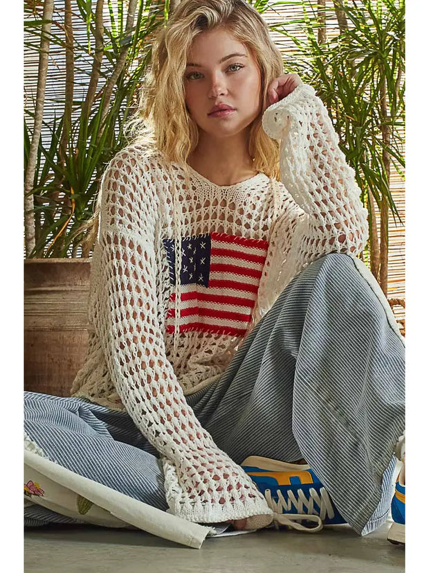 POL American Flag Hoodie Thin Sweater Top