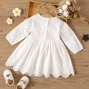 Baby Girl Solid White Hollow Out Long-Sleeve Dress