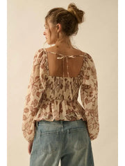Floral Crepe Velvet-Trim Peasant Top NB
