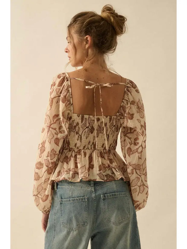 Floral Crepe Velvet-Trim Peasant Top NB