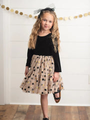 Kids Black & Gold Star Velvet Holiday Sparkle Tulle Dress