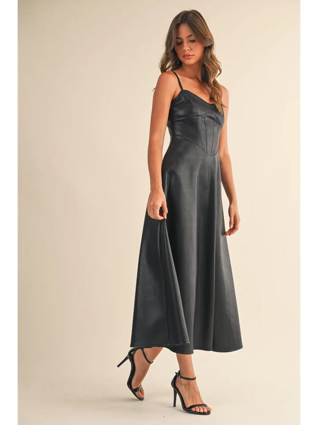 SANDY  Leather  A Line Midi Dress