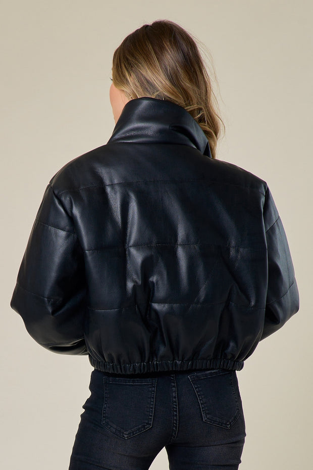 Faux Leather Button/Zipper Down Puffer Jacket