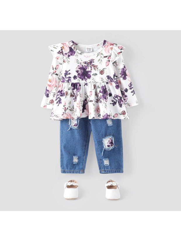 Baby Girl Floral Top and Denim Ripped Jeans 2pcs Set