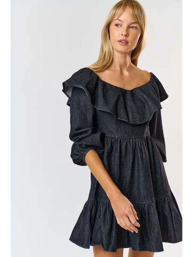 NB OFF THE SHOULDER  Denim BLACK DRESS