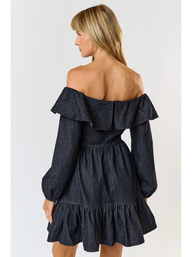 NB OFF THE SHOULDER  Denim BLACK DRESS