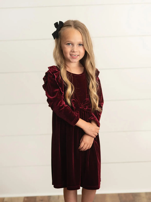 Kids Burgundy Wine Velvet Bow Ruffle party Dress