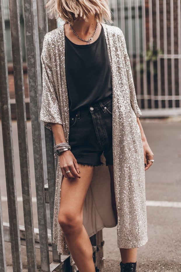 Sequin 3/4 Sleeve Open Front Duster Kimono