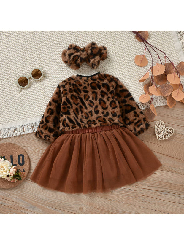 4pcs Baby Fleece Leopard Outwear, Tutu Skirt & Romper Set