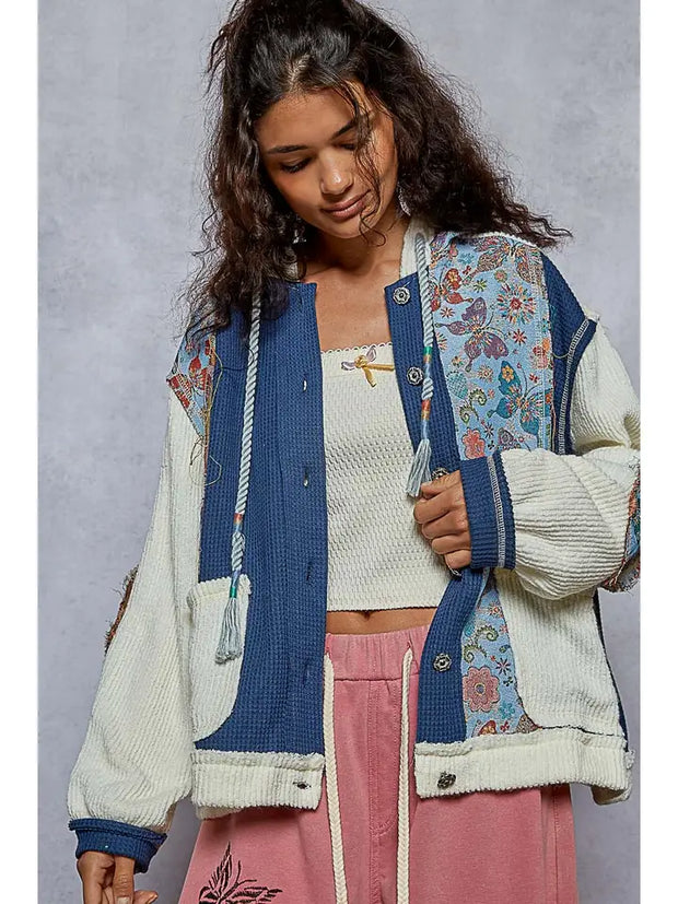 POL Floral Animal Print Contrast Color Block Quilted Jacket