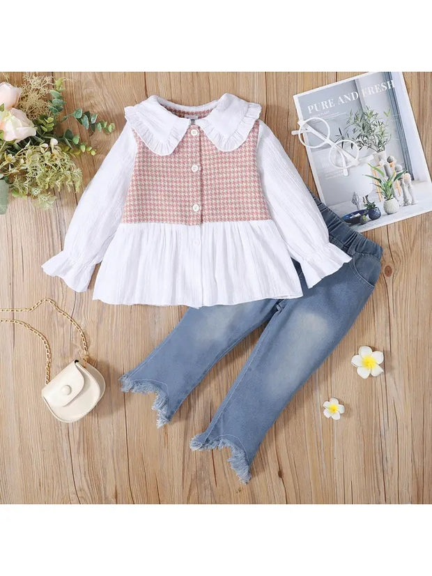 2-piece Toddler Girl Splice Top Ripped Denim Jeans Set