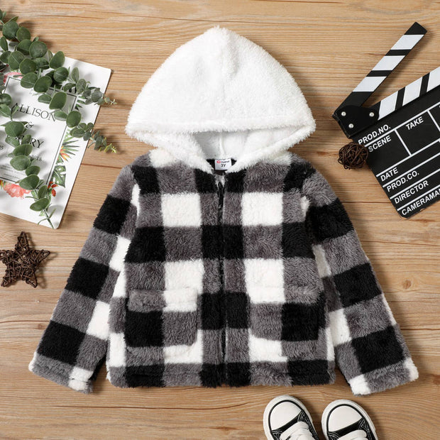 Toddler Plaid Design Zipper Hooded Fluffy Jacket