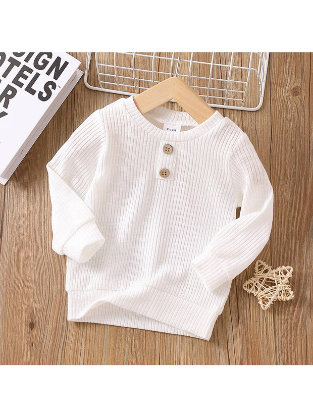 Baby Boy/Girl Button Solid Ribbed Knitted Long-sleeve Top