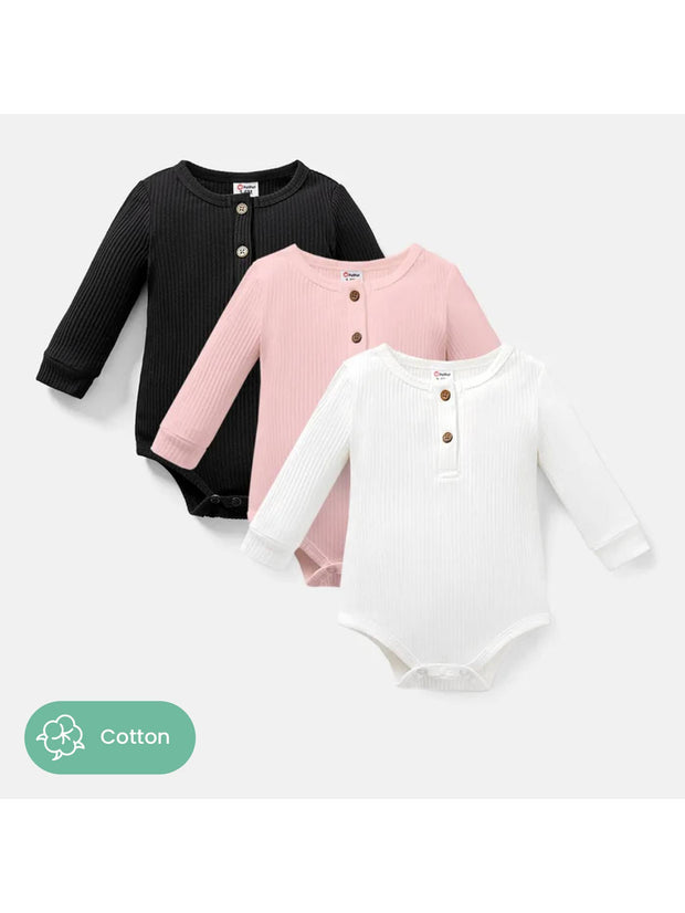 Baby Girl/Boy Cotton Button Ribbed Long-Sleeve Rompers