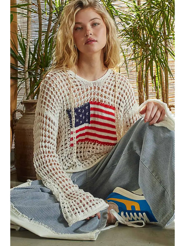 POL American Flag Hoodie Thin Sweater Top