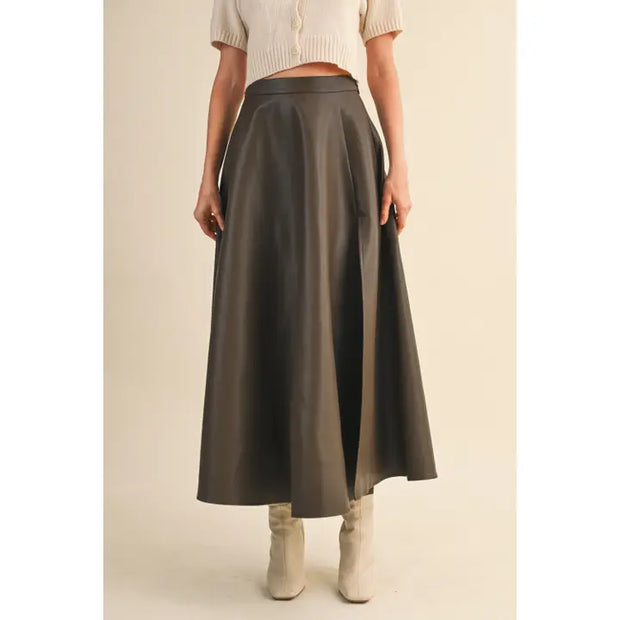 Leather A-Line Maxi Skirt with High Slit NB