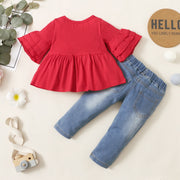 2pcs Baby Red Bell Sleeve Top and Floral Denim Jeans