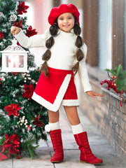 Ivory Turtleneck & Red Fur Trimmed Skort Set