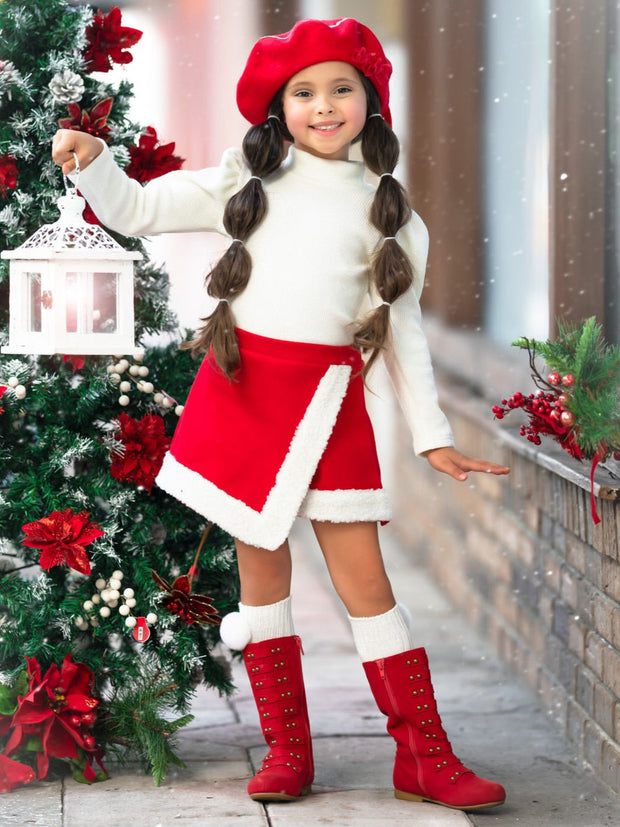 Ivory Turtleneck & Red Fur Trimmed Skort Set