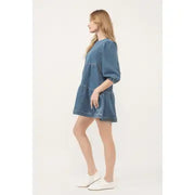 DENIM TIER DRESS WITH 3/4 SLEEVE