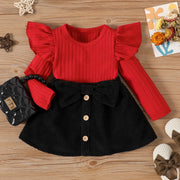 2pcs Baby Girl Rib Knit Ruffled Top and Corduroy Skirt Set