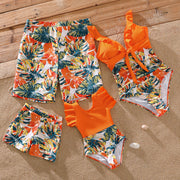 Family Matching Orange Ruffle Swimsuit and Swim Trunks Short