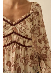 Floral Crepe Velvet-Trim Peasant Top NB