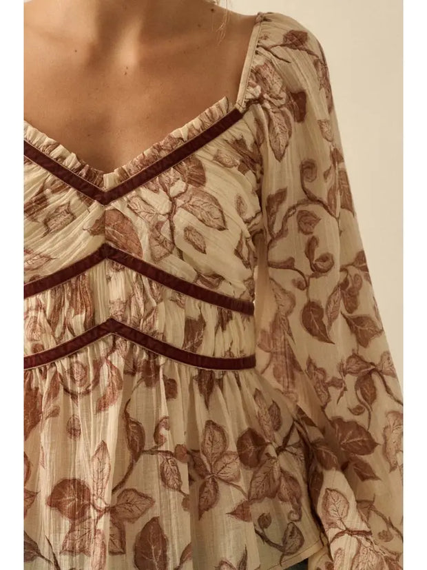Floral Crepe Velvet-Trim Peasant Top NB