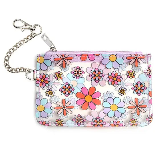 Keychain Pouch - Multi-Colored Retro Flowers - Clear & Lilac