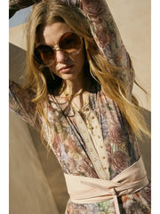 Floral Print Mesh SnapLong-Sleeve Top