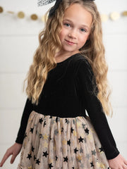 Kids Black & Gold Star Velvet Holiday Sparkle Tulle Dress