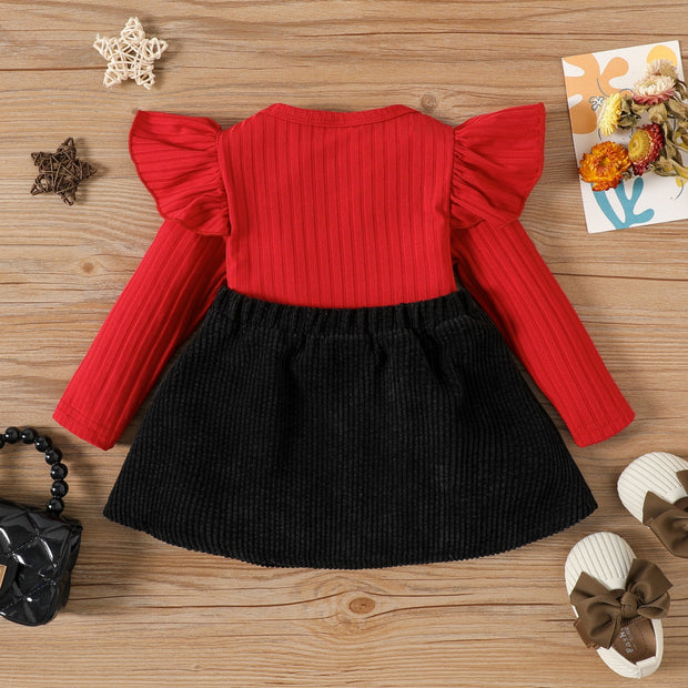 2pcs Baby Girl Rib Knit Ruffled Top and Corduroy Skirt Set