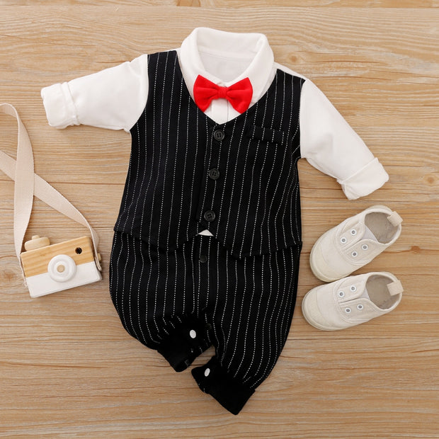 Baby Gentleman Bow Tie Striped Jumpsuit