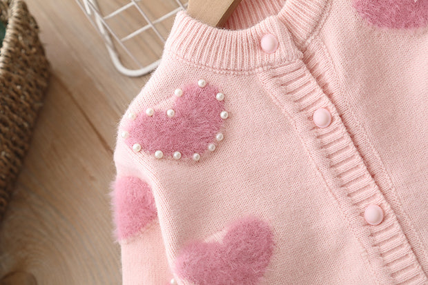 Kids Sweater Pearl Heart Pullover Cardigan Knitted Top