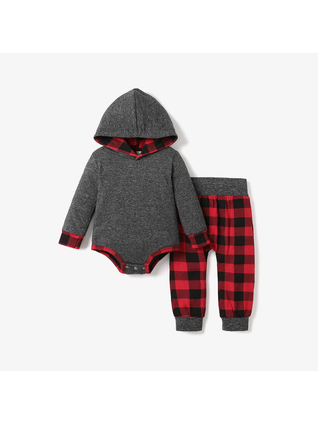 2pcs Plaid Print Hooded Long-Sleeve Baby Set