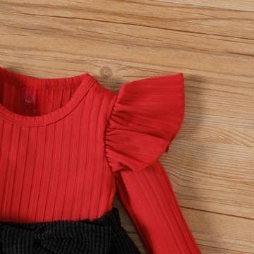 2pcs Baby Girl Rib Knit Ruffled Top and Corduroy Skirt Set